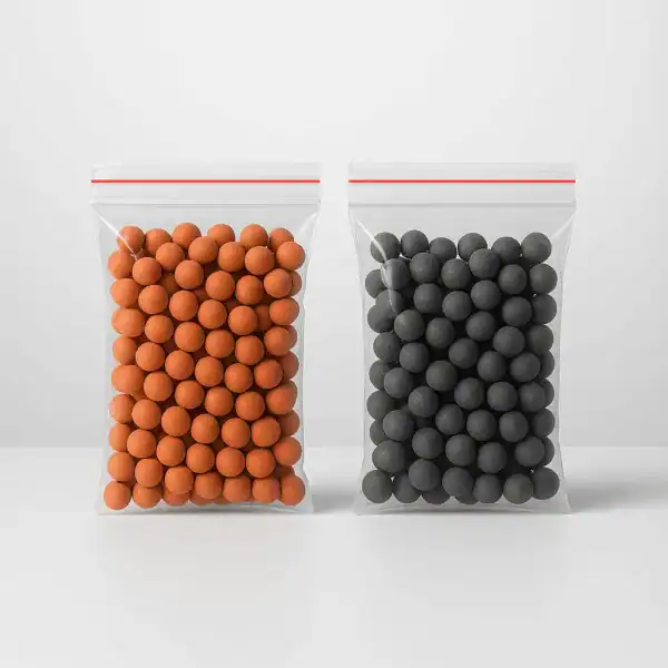Orange och grå kulor i två påsar