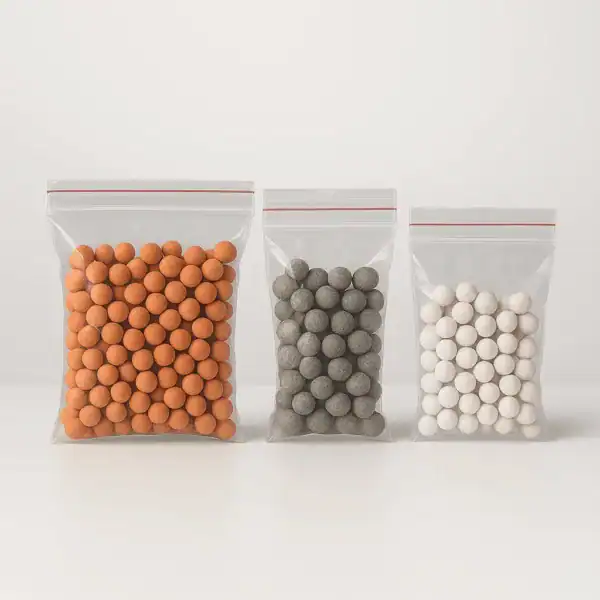 Orange, grå och vita kulor i tre påsar
