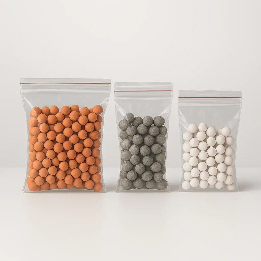Orange, grå och vita kulor i tre påsar